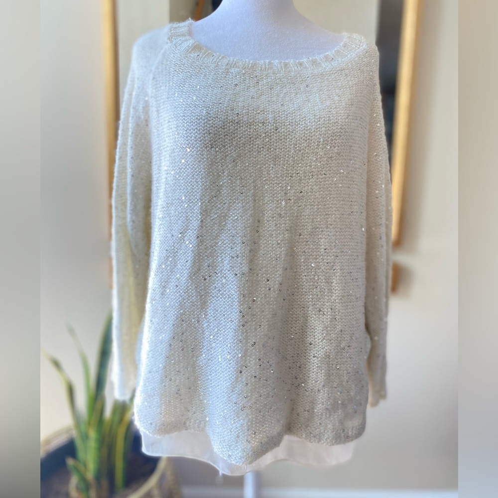 THML creamy white metallic knit chiffon sweater sz medium
